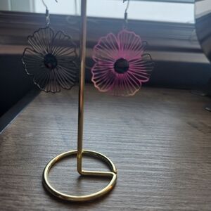 Pink and Black Flower Earrings